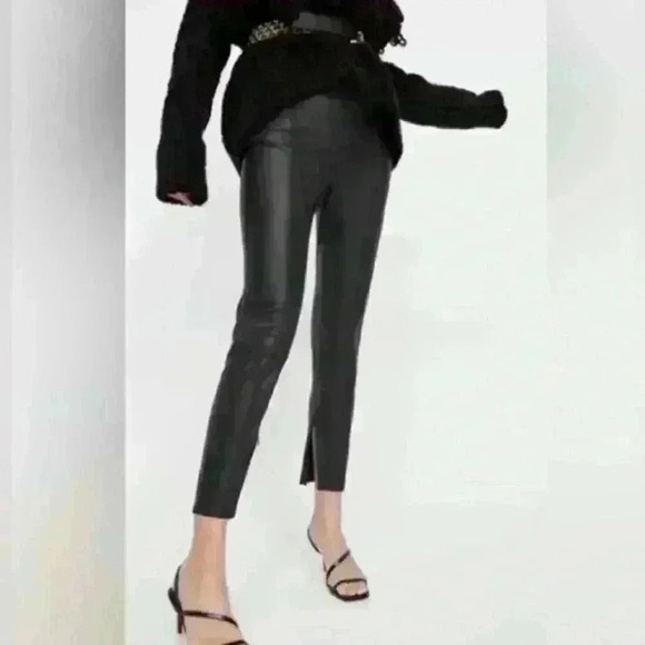Zara Faux Leather‎ Leggings Ankle  Zippers Elastic Waist Size S Black - Picture 2 of 4
